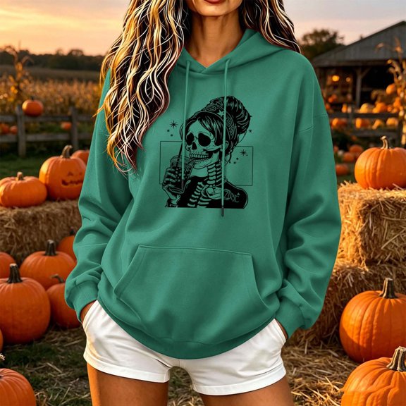 Molidfa Womens Line Art Skull Hoodie Cool Graphic Oversized Halloween Sweatshirt