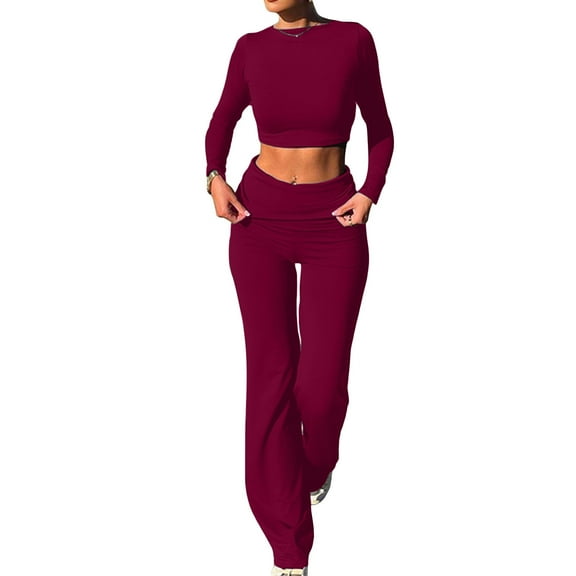 HAiming Women's Yoga Lounge Sets Long Sleeve Crewneck Crop Tops and Flare Pants Tracksuit Slim Two Piece Outfits