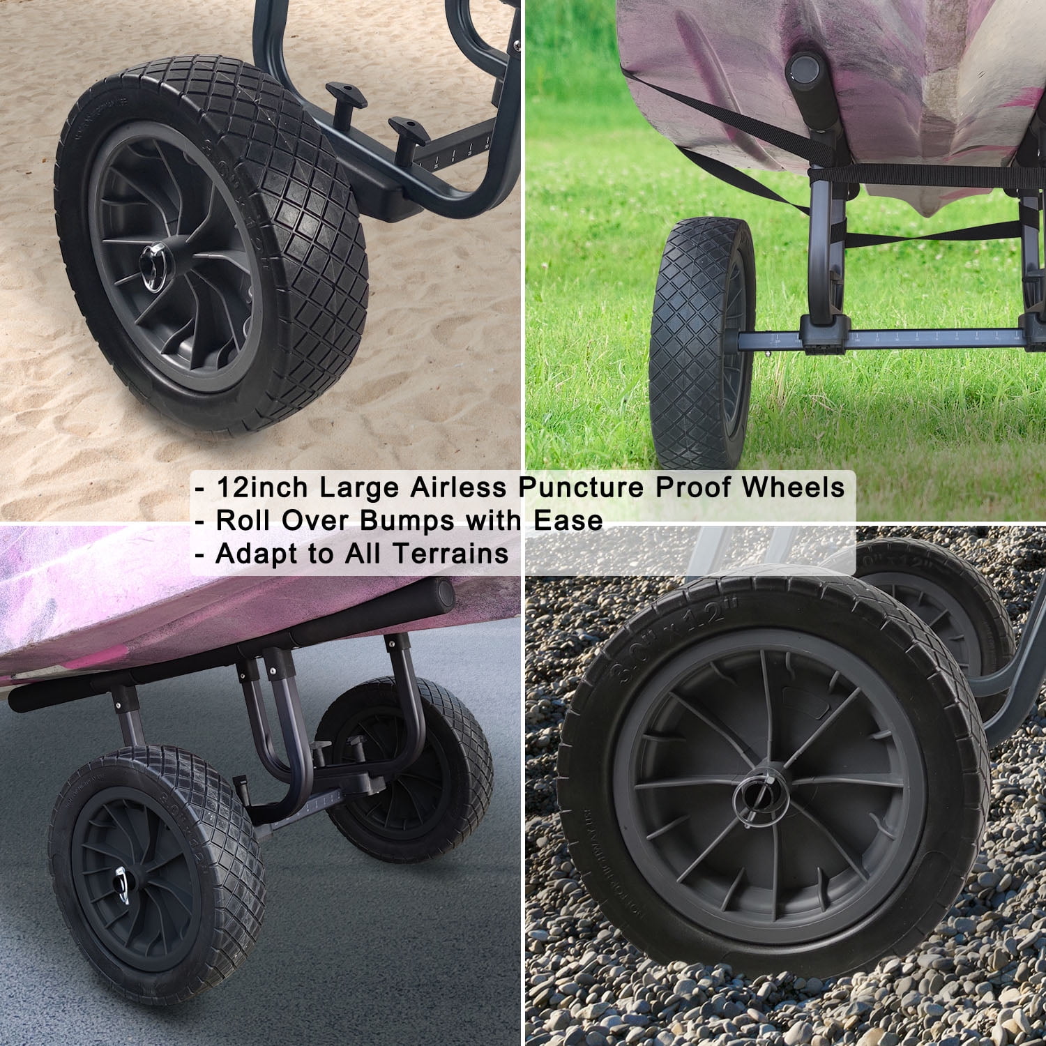 Heavy Duty Kayak Cart, Width Adjustable Canoe Cart with 12inch Flatfree Beach Wheels Boat Dolly Cart Transport