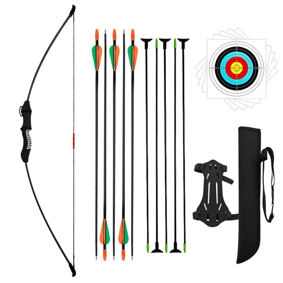 Clianle Ensemble d'Arc et de Flèches pour Jeunes Débutants en Tir à l'Arc, Trousse d'Arc Recourbé pour Ados pour Jeu d'Entraînement de Tir Sportif dans la Cour Arrière, Cadeau avec 10 Flèches, 5 Cibles en Papier pour le Visage, 1 Carquois et Protège-Bras