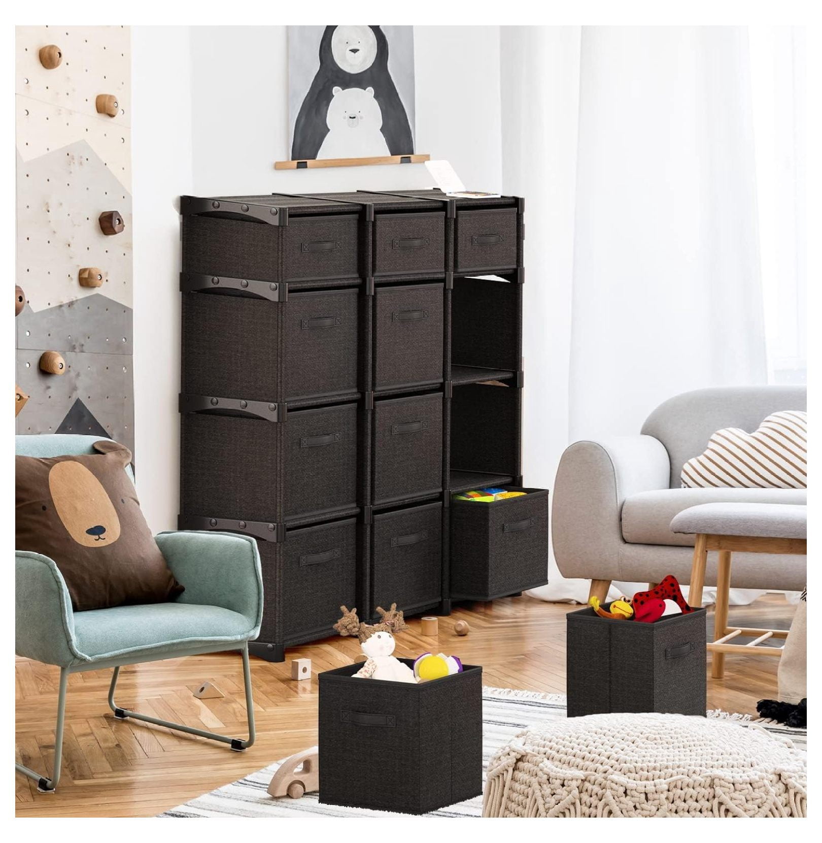 12 Cube Storage Organizer - Black Cube Organizer Shelf, DIY Storage Cubes Organizer Shelves with Fabric Storage Cubes, Sturdy Cubbies Storage Shelves, Cube Storage Shelf for Bedroom, Playroom and More