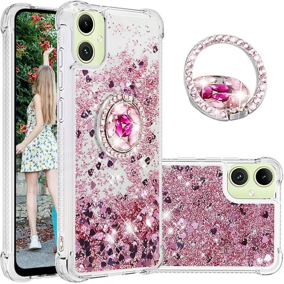 Liquid Quicksand Case for Samsung Galaxy A06 with Diamond Kickstand, Luxury Fun Glitter Sparkle Flowing Clear Bling Cover Case for Samsung Galaxy A06. -Pink