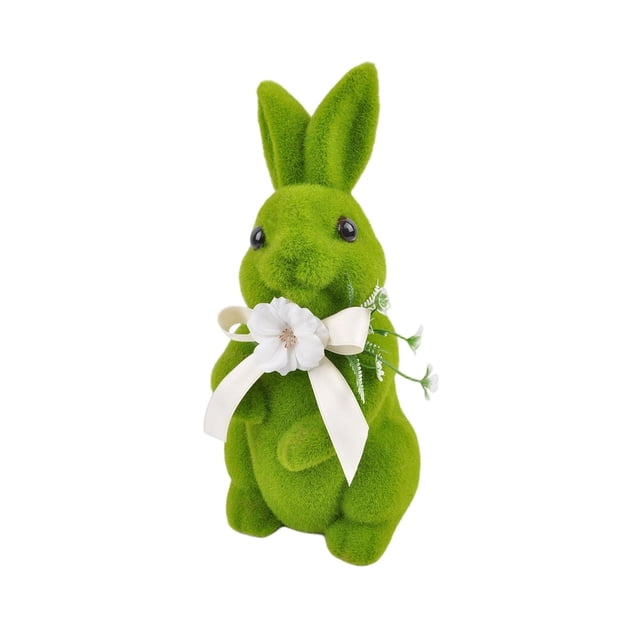 Jierger 13 Inch Flocked Bunnies Decorations Artificial Moss Bunny Figurine with Fake Flower Ribbon Bow Tie Large Size Furry Flocked Standing Rabbit Statues for Home Kitchen Table Decor