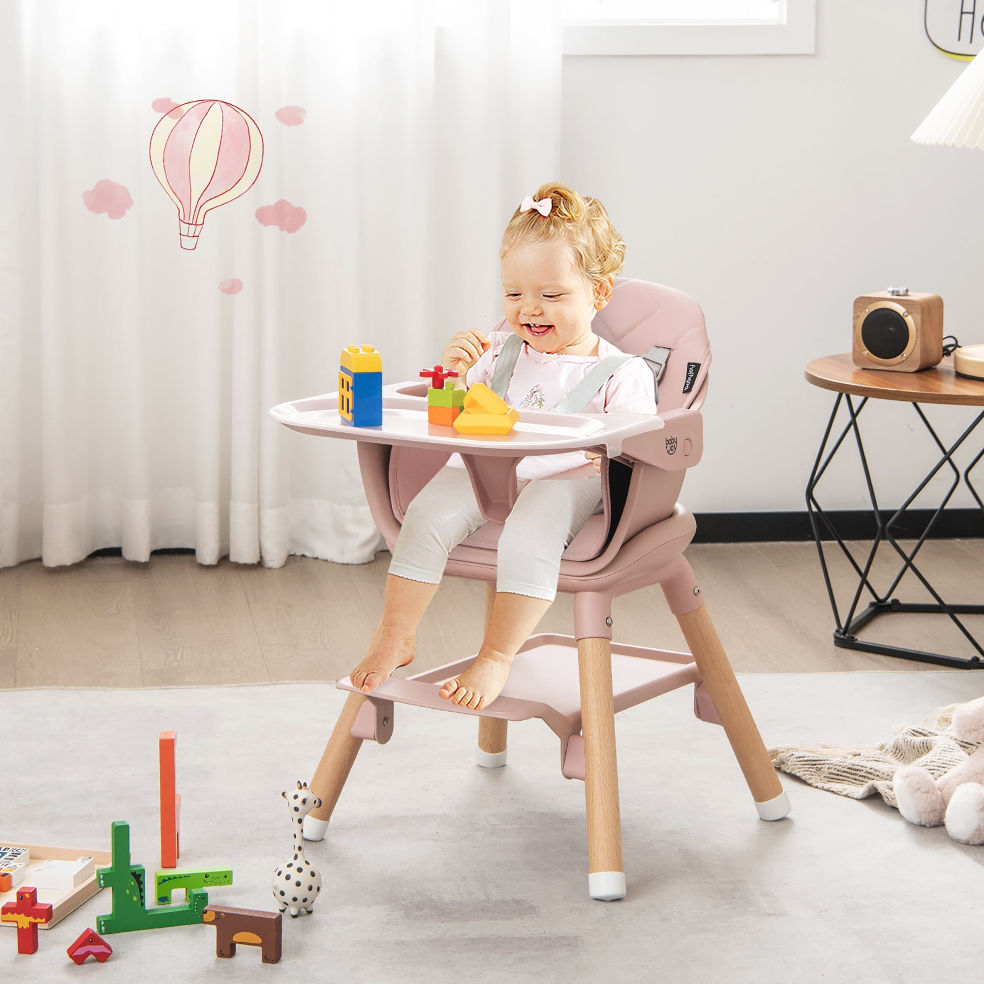 Costway 6-in-1 Convertible Wooden Baby Highchair Infant Feeding Chair with Removable Tray Pink