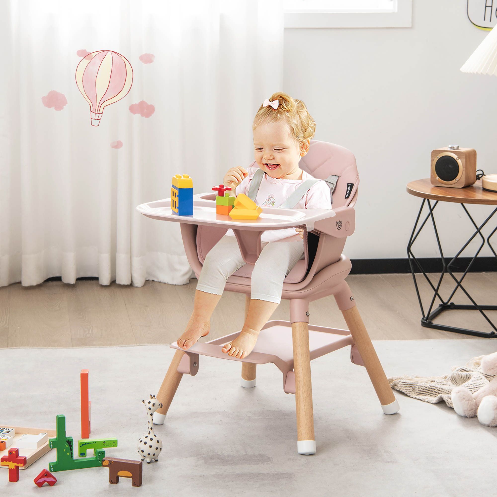 Costway 6-in-1 Convertible Wooden Baby High Chair with Removable Tray, Pink photo 2