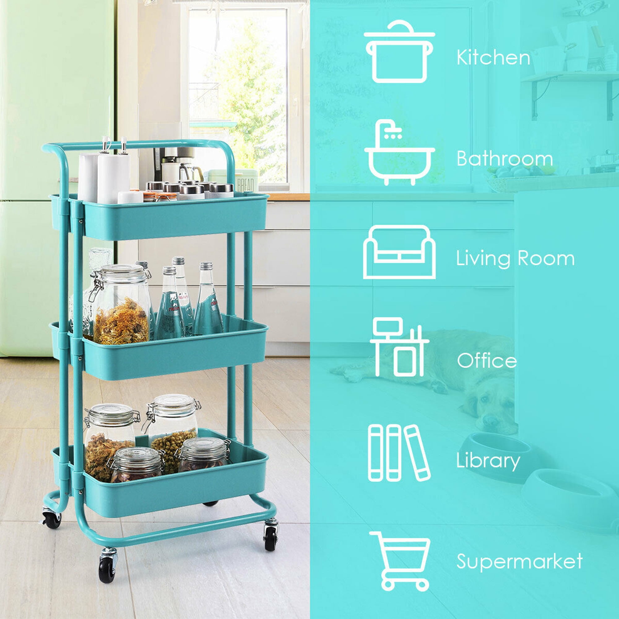 Gymax 3 Tier Rolling Cart W/Wheels ABS Basket Organizer & Practical Handle Aqua Blue