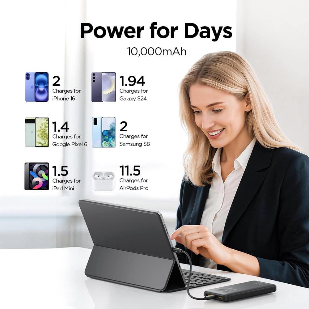 PISEN 10000mAh 3C Power Bank, 22.5W CCC Certified Power Bank, Travel Battery Pack 3C Portable Charger, Supports PD 3.0, QC 3.0, LED Display Travel Portable Charger for iPhone, Samsung and More