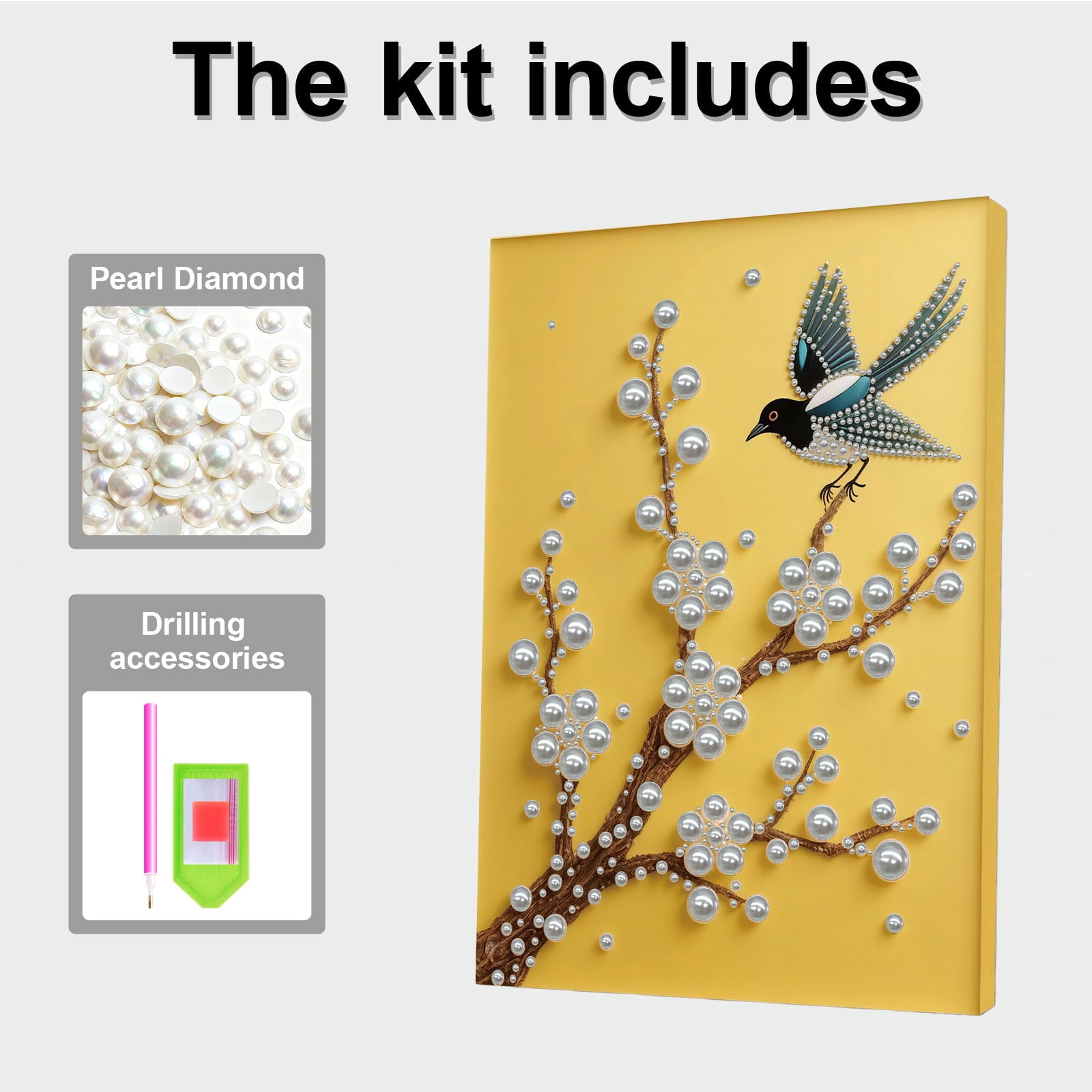 FLOPESN DIY Gemstone Pearl Diamond Art Painting Kit with Frame, 11.81x15.75in Colored Canvas, Home Decor Display for Tabletop and Wall -Bird
