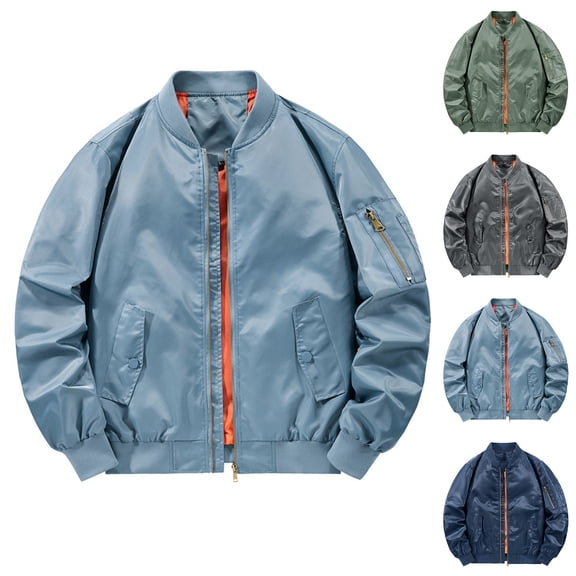 Men's Baseball Bomber Jacket Long Sleeve Stand Collar Full Zip Loose Fit Water Resistant with Multiple Pockets Casual Golf Windbreaker Coat Big and Tall Size S-5XL Light Blue