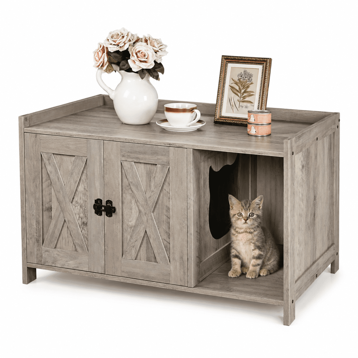 Greige Wooden Cat Litter Box Enclosure with Divider, Indoor Pet House Washroom Storage Bench
