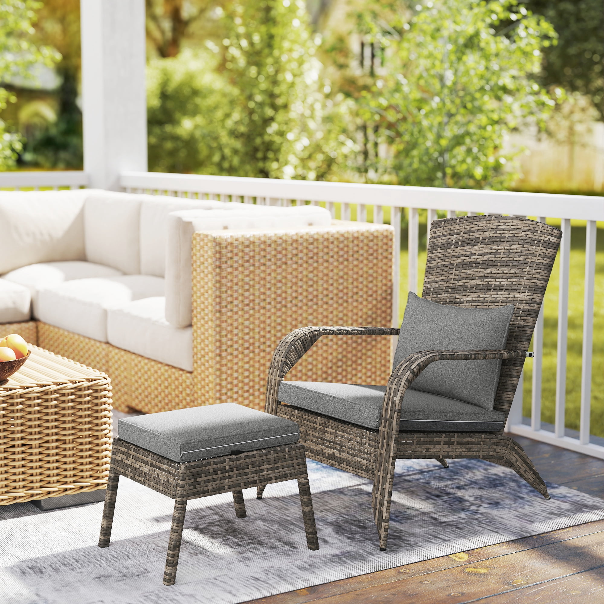 Patio Wicker Adirondack Chair with Ottoman, Outdoor Fire Pit Chair with Cushions, High-Back, Large Seat & Armrests for Deck, Garden & Backyard, Gray