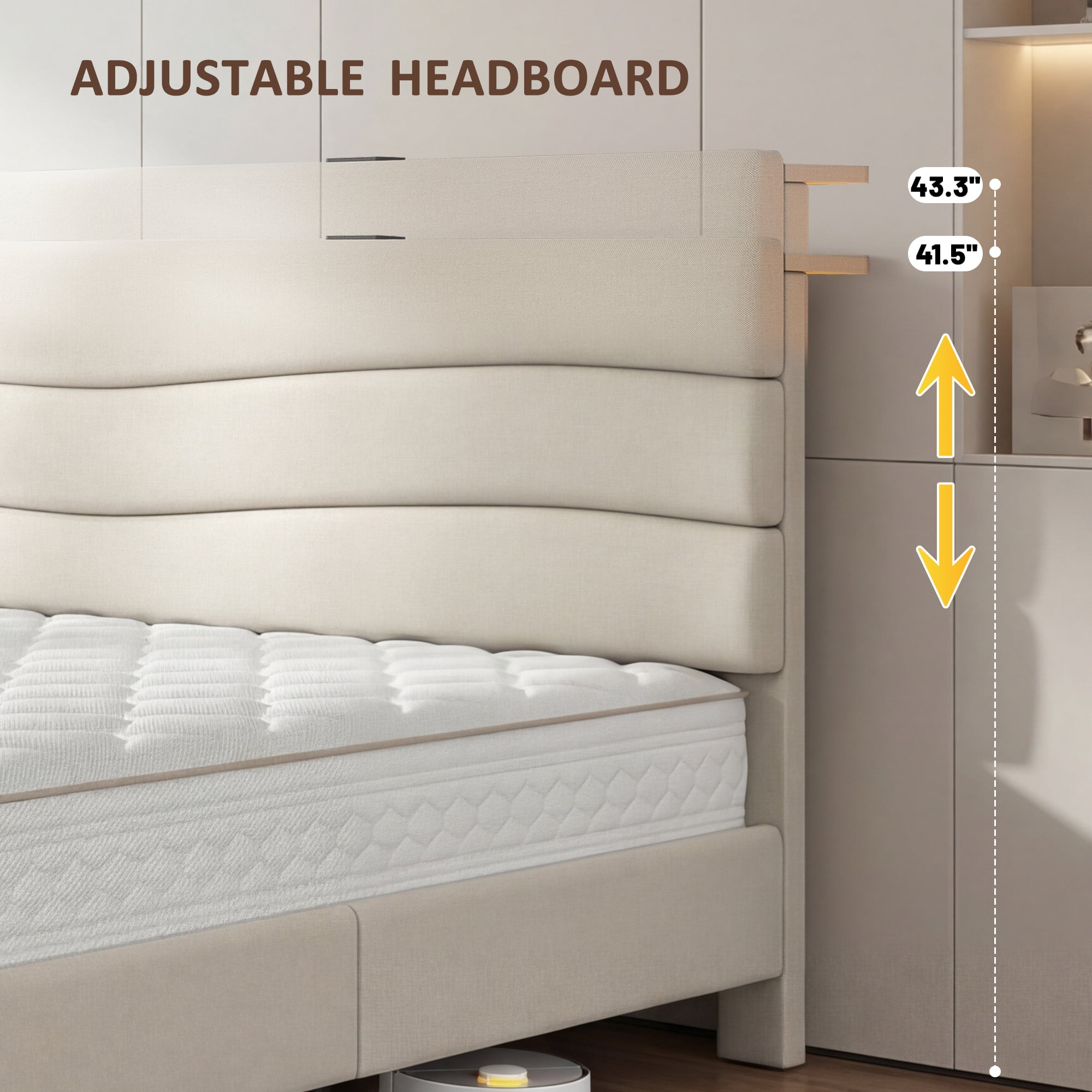 Queen Size Bed Frame with Storage Platform Upholstered Bed Frame with Adjustable Headboard & Charge Station,Beige