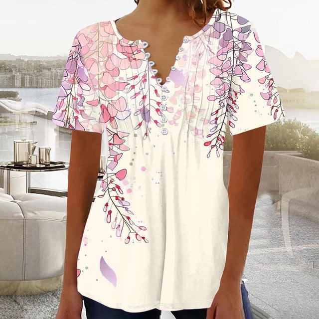 Blouses pour Femmes, Mode Décontractée Imprimée Col en V Bouton Pliée Courte Haut Blouse