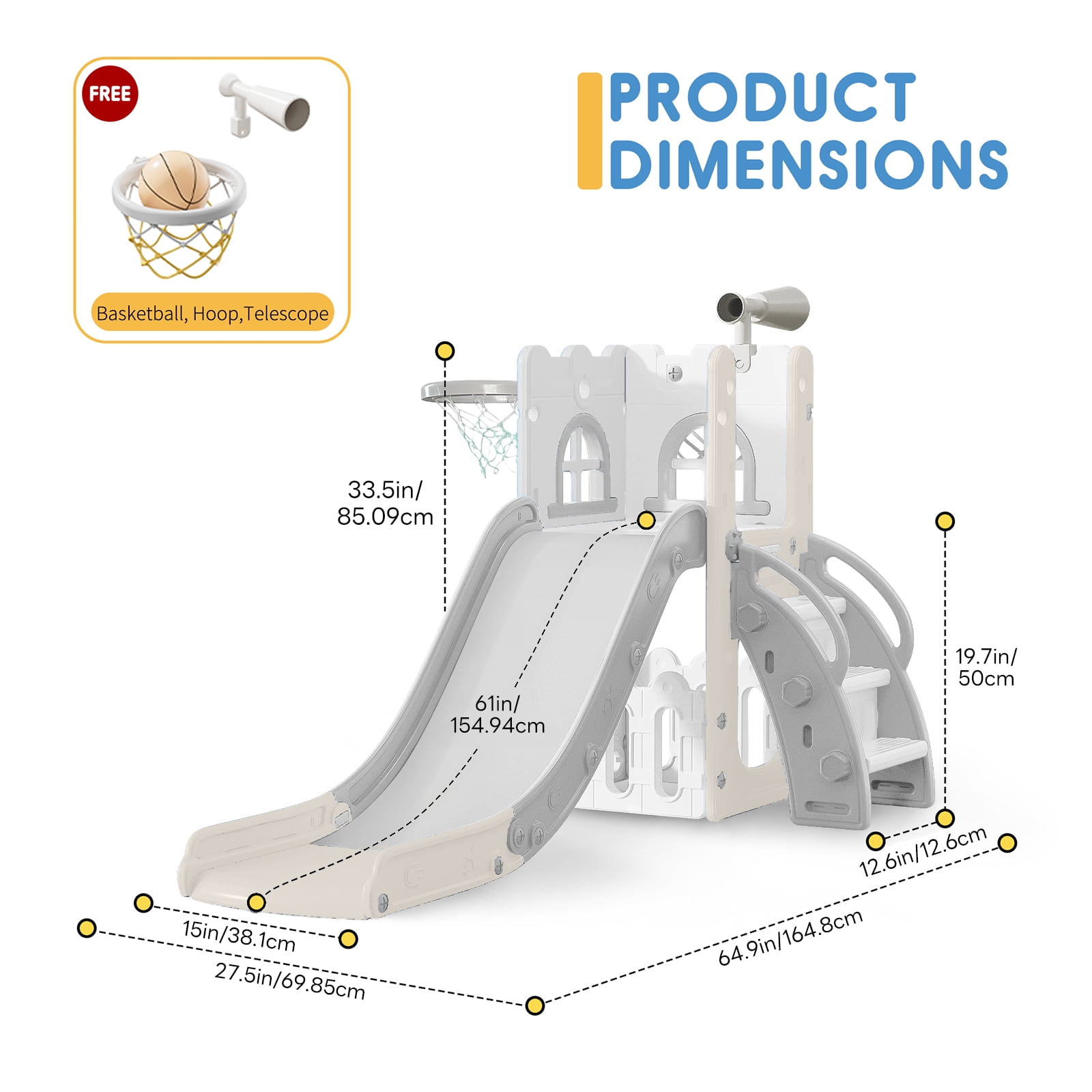 6 in 1 Kids Indoor Slide for Toddlers 1-3,Grey,Baby Slide for Indoor Outdoor with Basketball Hoop and Telescope,L Shaped Slide