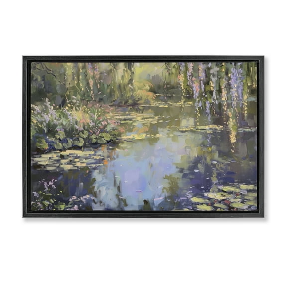 Stupell Industries Morning on Lily Pond Landscape & Nature Painting Black Floater Framed Canvas Art Print Wall Art, 25 x 17