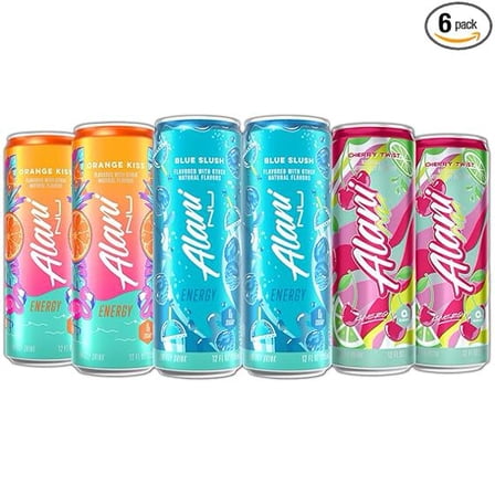 New Alani Energy Drinks Blue Slush, Orange Kiss, Cherry Twist New Flavors Variety Pack Sugar-Free, Low-Calorie, 200mg Caffeine, Energy Boost Drinks 12 fl oz (Pack of 6)