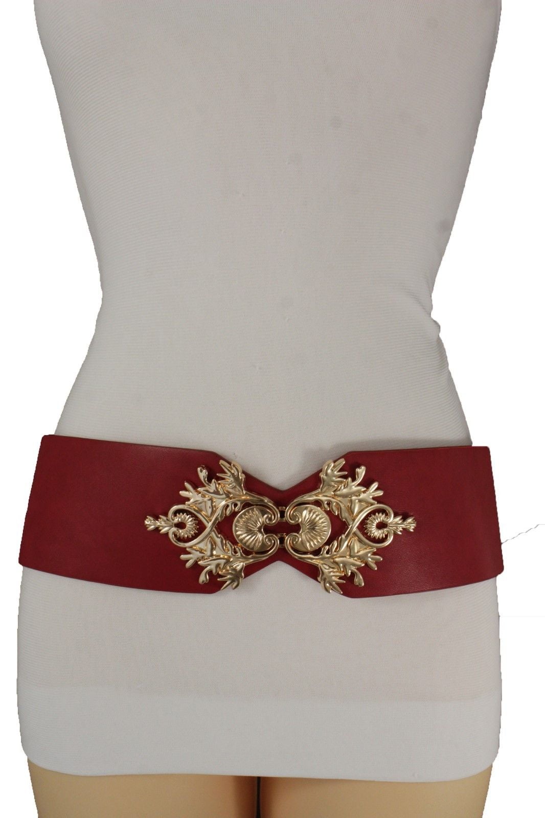 Women Red Color Fabric Waistband Hip Waist Belt Fun Filigree Buckle Plus M L XL 