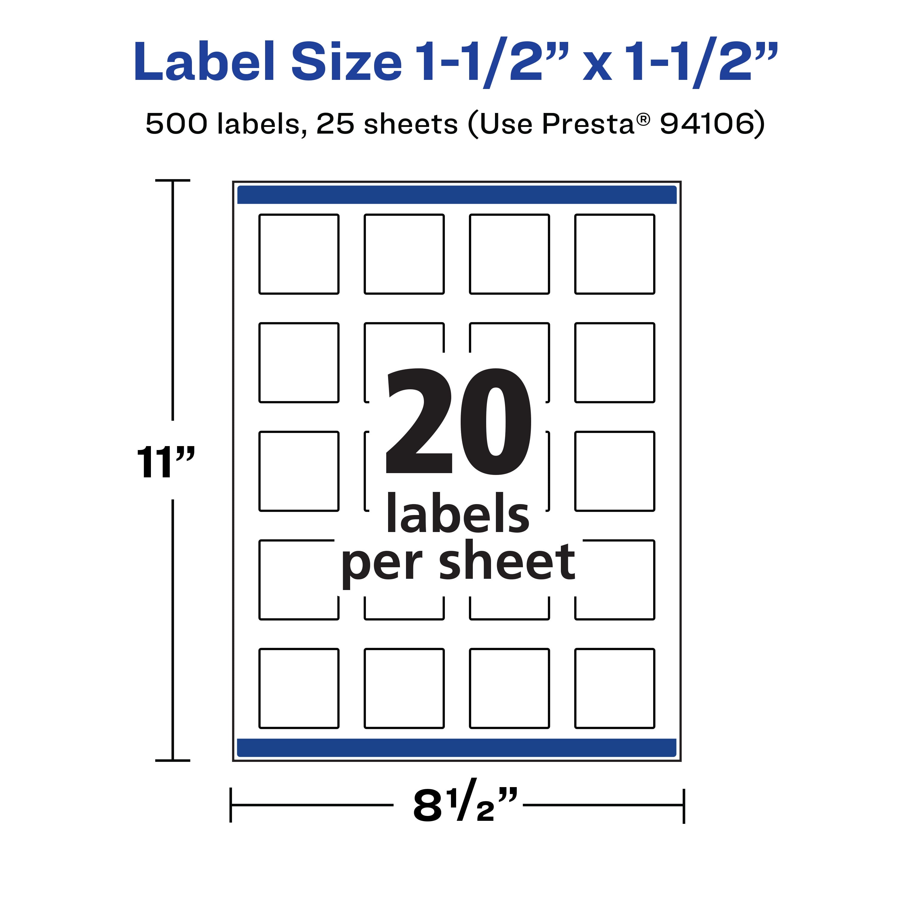 Avery Matte White Square Labels, 1.5" x 1.5", 500 Labels