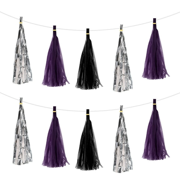 15Pcs Dark Purple，Bright Silver, Black Tassel Garland Banner w Rope for Wedding Birthday Party Decoration