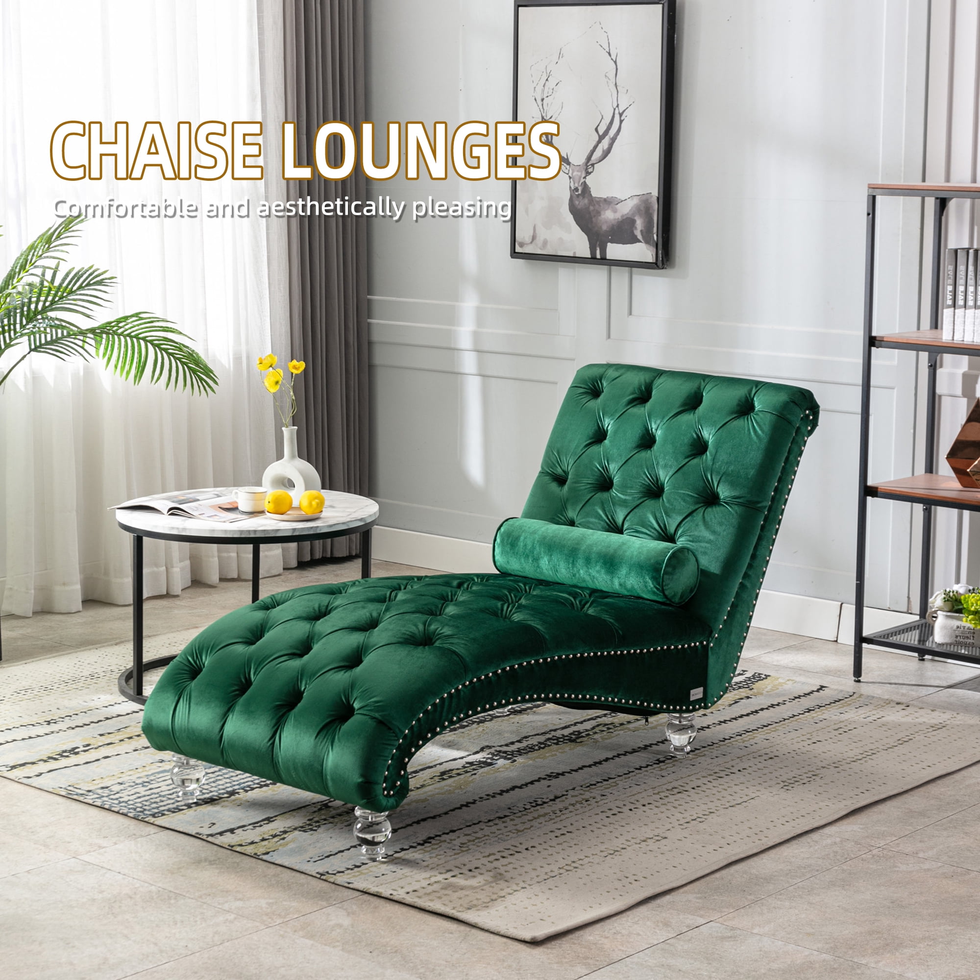 MOONMISS Velvet Chaise Lounge Chair Button Tufted Upholstered with Pillow Indoor