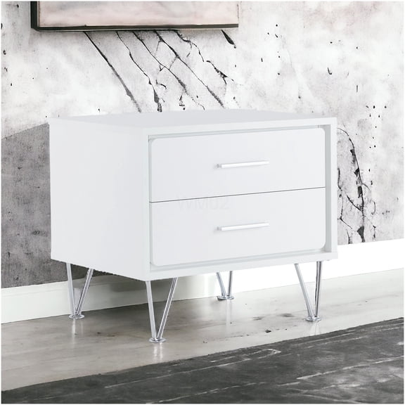 White Accent Table with 2 Drawers, Modern Nightstand with Metal Legs and Wooden Top, Small Bedside Table for Bedroom