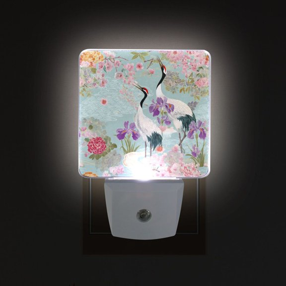 Yayeee LED Plug in Night Light for The Home with Auto Dusk to Dawn Light Sensors, 2 Pack, Green Floral Cranes Pattern