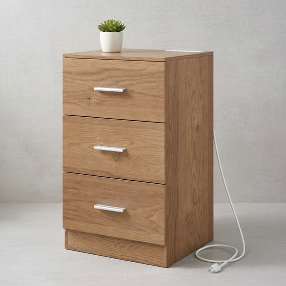 Topcobe Nightstand with Charging Station End Table with 3 Storage Drawers Bedside Table for Bedroom, Narrow Console Table, Modern Furniture for Bedroom-Natural