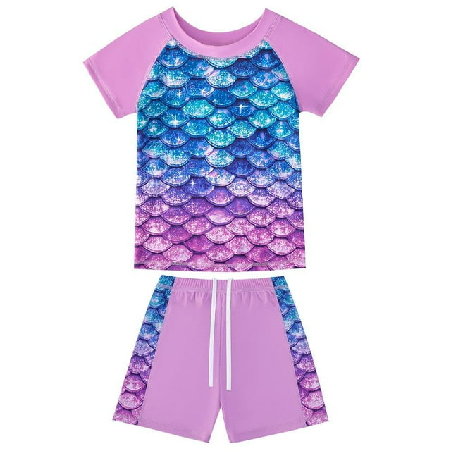 MesaSe Filles Rash Guard 2 Pièces Maillots de Bain Poisson Échelle Modèle Maillots de Bain Upf 50+ Uv pour 4-12 Ans