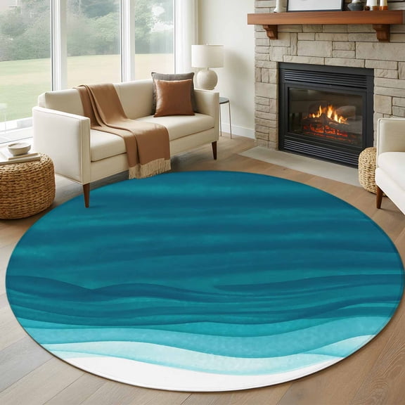 Round Rugs 8 Ft, Ombre Teal Waves Non Slip Area Rugs for Kitchen Bedroom Entryway, Abstract Art Gradient Modern Washable Carpet Runner Rug Floor Mats for Bedroom Home Decor