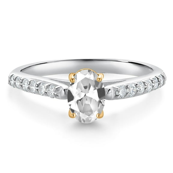 Gem Stone King 10K White and Yellow Gold White Created Sapphire and White Lab Grown Diamond Engagement Ring for Women (1.18 Cttw, Oval 7X5MM, Gemstone September Birthstone, Size 7)
