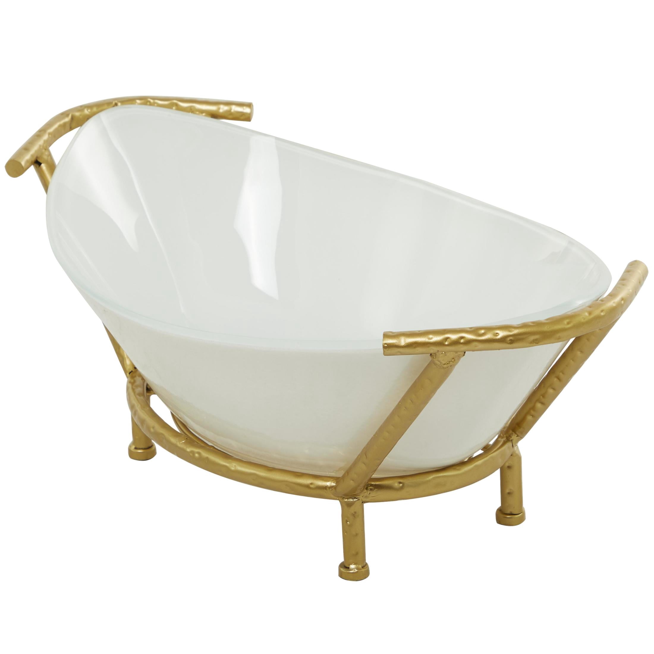 CosmoLiving by Cosmopolitan 25" x 9" White Glass Kitchen Serving Bowl with Gold Metal Stand, 1-Piece