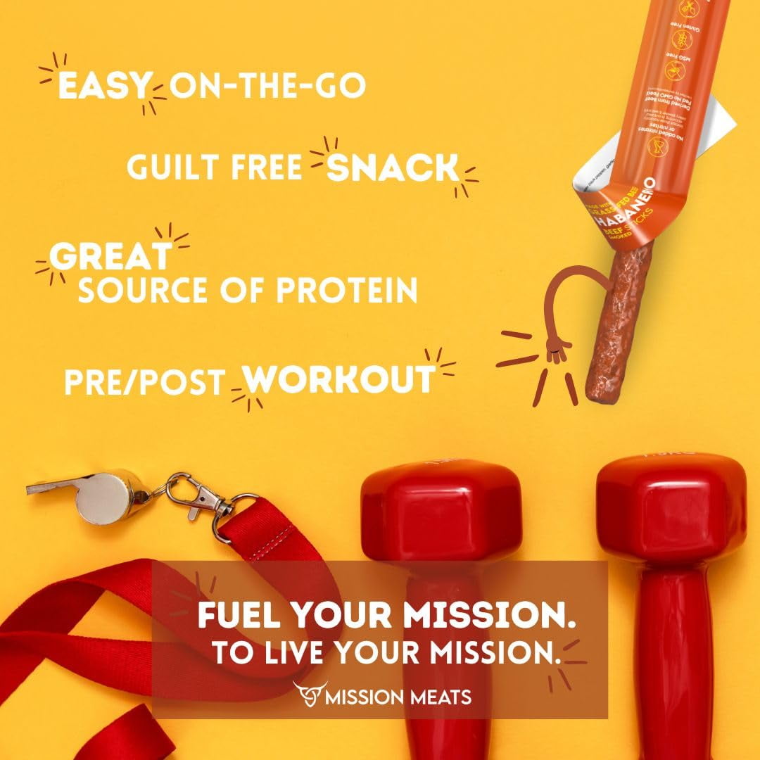 Mission Meats Beef Sticks – 100% Grass Fed & Pasture Raised, Sugar Free, Individually Wrapped Healthy Snacks, Whole 30 & Paleo Friendly, Habanero Smoked 1oz (12ct)