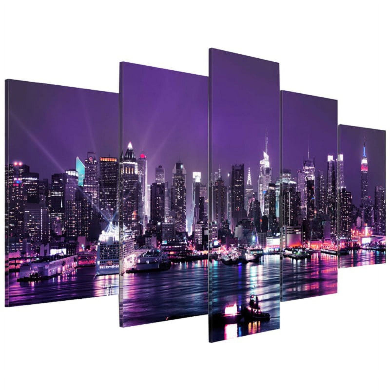 5 Pcs Cityscape Canvas Wall Art Decor Picture Simple Fashion Decorative Painting Wall Painting New York Picture Wall Decor for Living Room Bedroom Home Office Decoration,40"x20", Purple