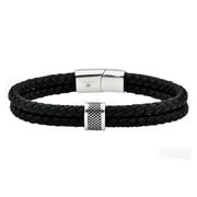 Arista Men's Black Leather Double Braided Bracelet Solid Stainless Steel,8"