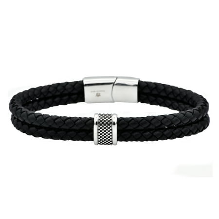 Arista Men's Black Leather Double Braided Bracelet Solid Stainless Steel,8"
