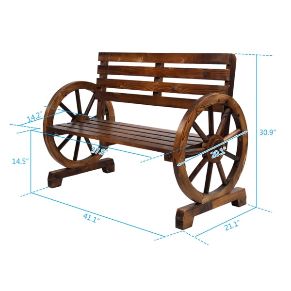 Alvantor Rustic 2-Person Wooden Wagon Wheel Outdoor Bench, Solid Fir Wood, Dark Brown