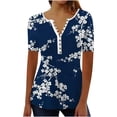 thumbnail image 1 of Blusas Umfun de manga corta para mujer, cuello en V, botones, camisa informal, blusa plisada estampada, azul marino, talla S, 1 of 5