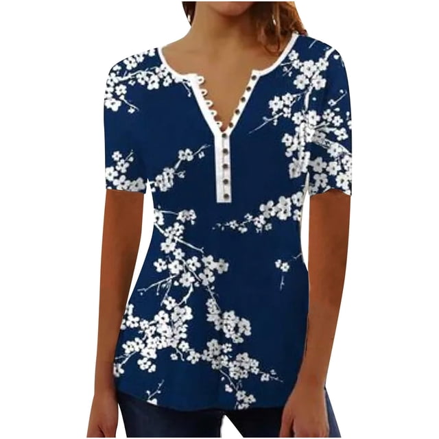 Blusas Umfun de manga corta para mujer, cuello en V, botones, camisa informal, blusa plisada estampada, azul marino, talla S
