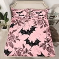 thumbnail image 2 of Feelyou Gothic Bat Print Twin Sheet Sets, Vintage Pink Rose Twin Fitted Sheet, Western Halloween Flat Sheet, Luxury Bedroom Decor,3 Pieces, 2 of 7