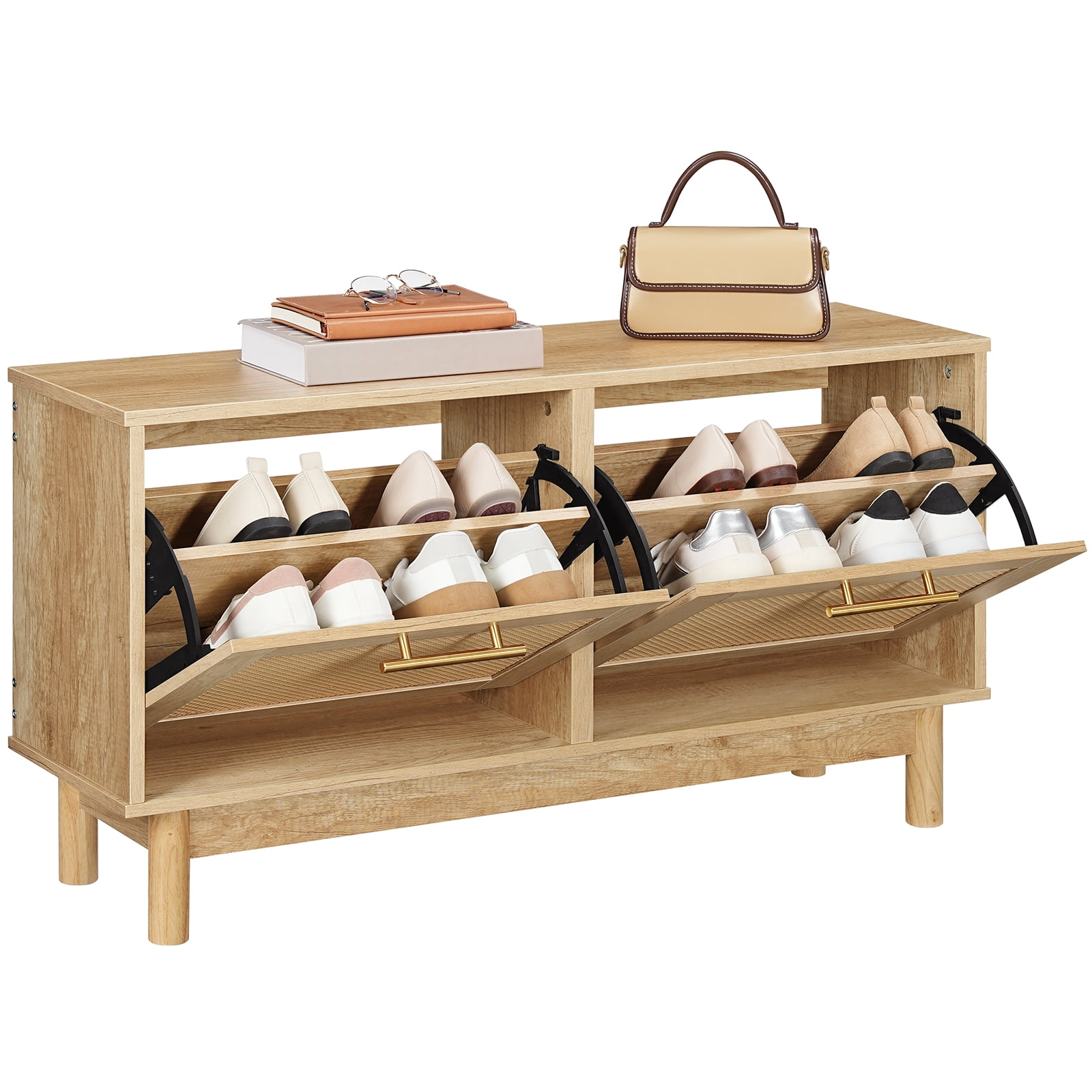 HOOBRO Narrow Rattan Shoe Storage Bench with Flip Drawers, Natural