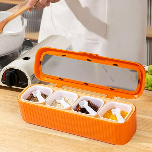 RXIRUCGD Kitchen Spice Pots 4 Pieces Clear Seasoning Box, Storage Container Condiment Jars Plastic Seasoning Box with Cover and Spoon