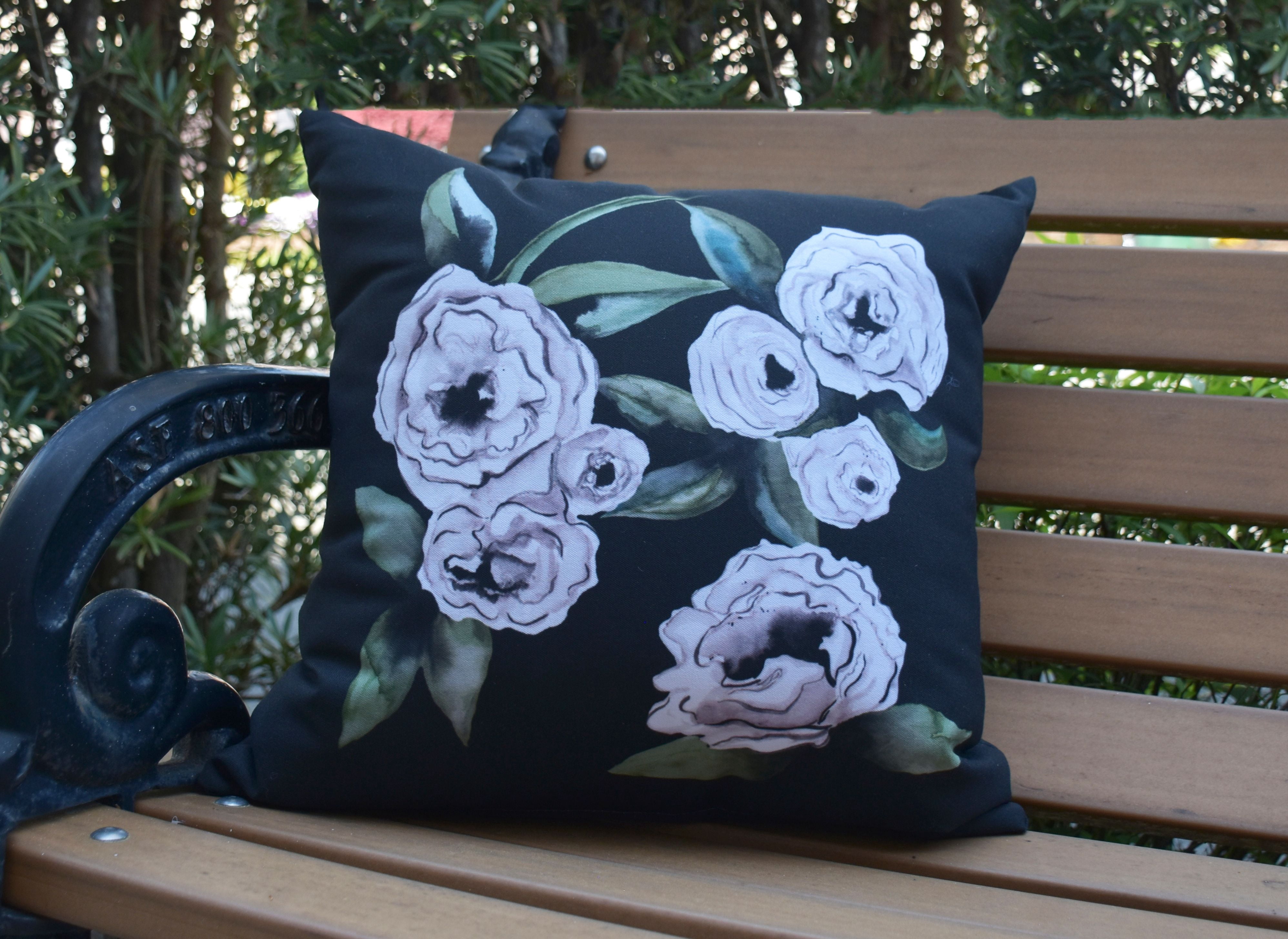 Simply Daisy, 18" x 18" Radiant Rose Black Floral Print Decorative Outdoor Throw Pillow