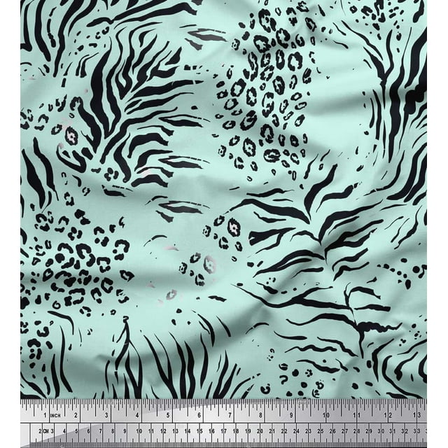 Soimoi Green polyester Crepe Fabric Leopard & Tiger Animal Skin Print Fabric by the Yard 52 Inch Wide