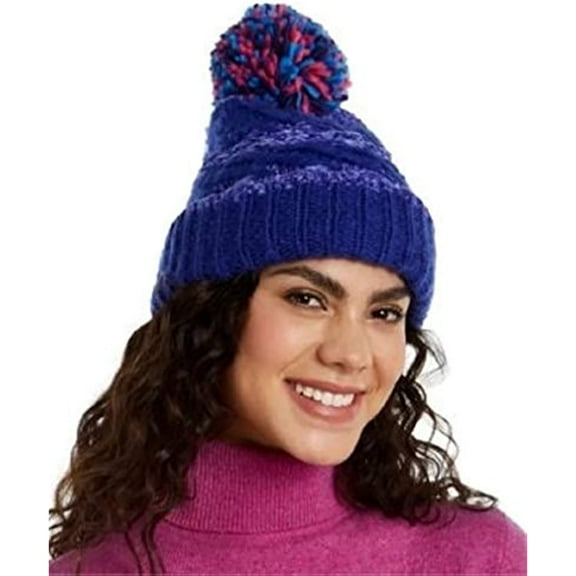 Women's Chenille Striped Multi-Pom Beanie Hat Blue One Size