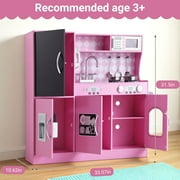 COCLUB Play Kitchen, Wooden Kids Kitchen Playset with Chalkboard, Ice Maker, Play Phone, Cookware Accessories, Microwave Toy Kitchen Gift for Boys Girls Age 3-8 Pink