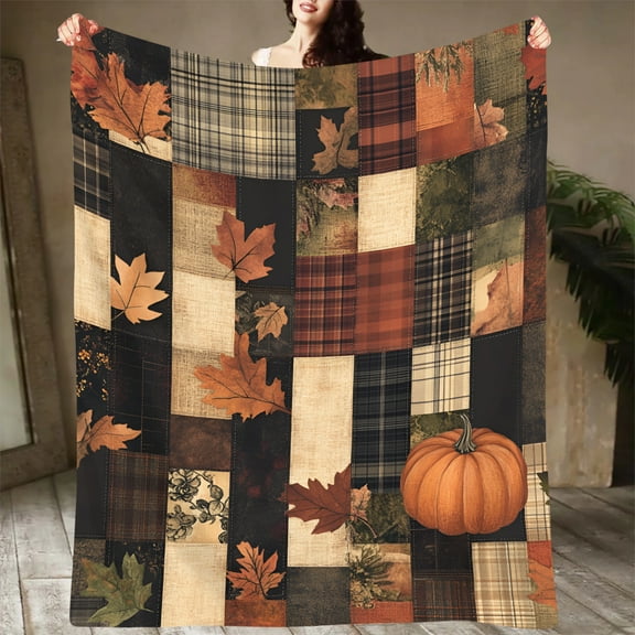 Rustic Autumn Pumpkin Plaid Patchwork Blanket, Soft Flannel Fleece, Contemporary Style, Polyester Knit, Digital Print, AllSeason Home Kitchen Bedding, Lightweight , Mixed Colors
