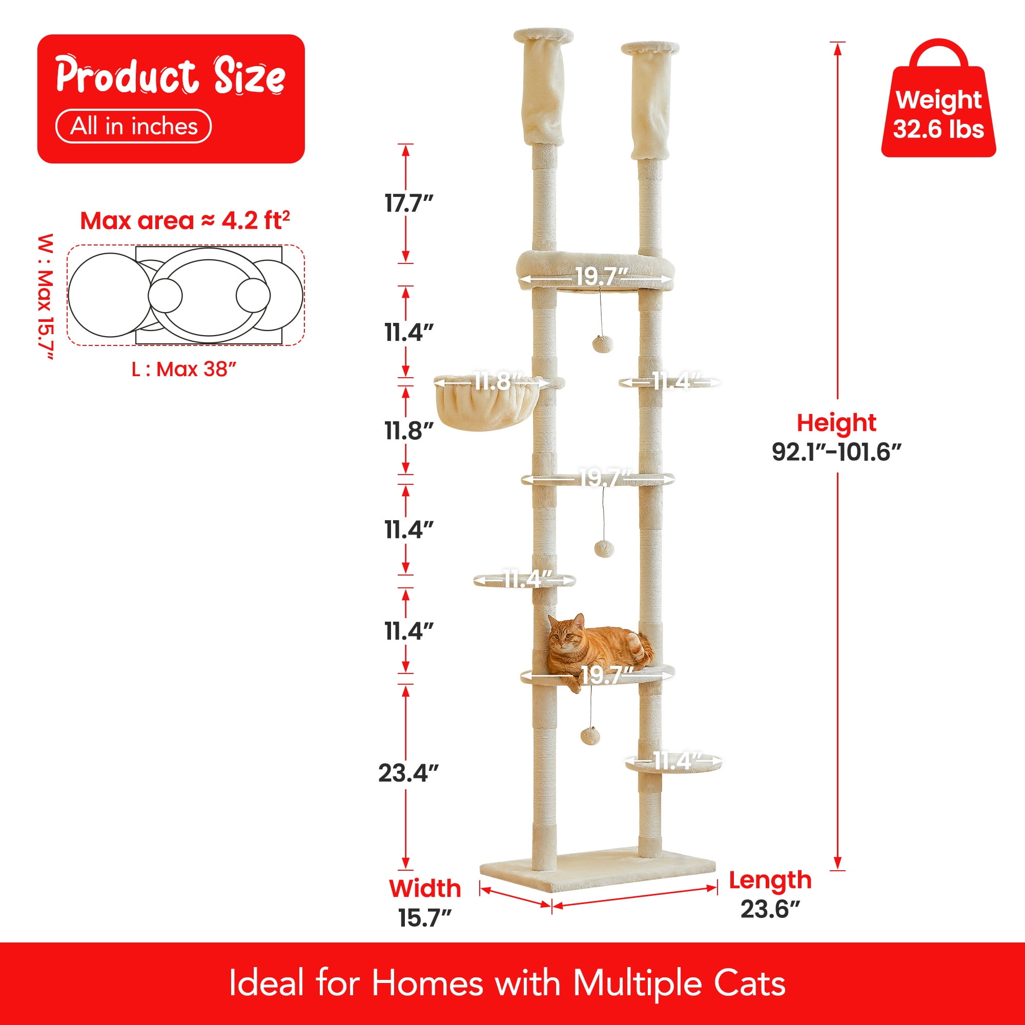 Furcato 92.1"-101.6" Adjustable Height Cat Tree, Floor to Ceiling Cat Tower, 7 Tiers Cat Climbing Tree with Hammock, Beige