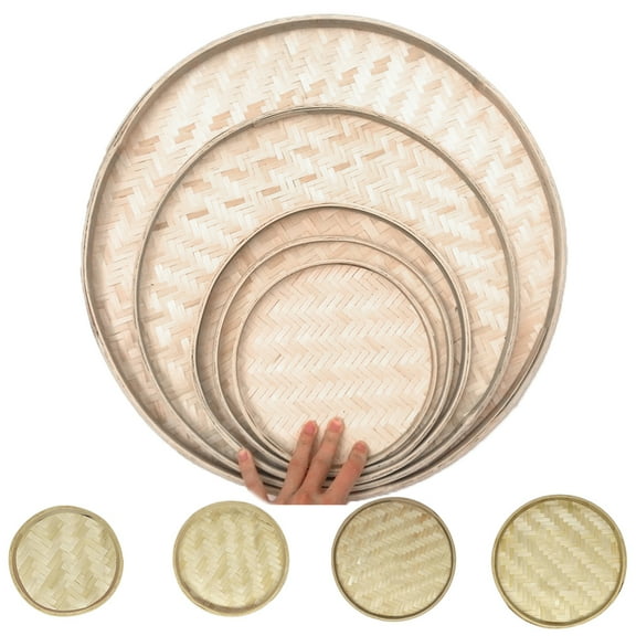 Dengjunhu Handmade Bamboo Woven Basket Tray, Flat Wicker Round Fruit Basket Woven Food Storage Shallow Tray Decorative Serving Tray Wall Hanging Baskets for Breakfast, Snacks