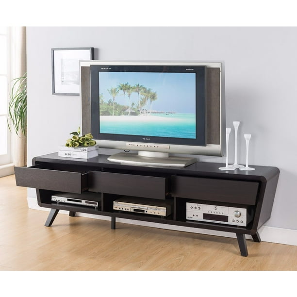 Flared Legs TV Stand With Upper Drawers, Brown