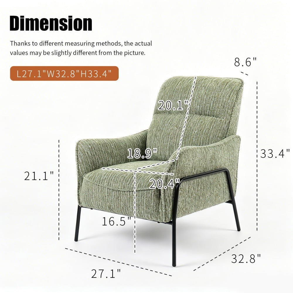 Modern Striped Accent Chair, Upholstered Armchair with Black Metal Frame, Padded Lounge & Reading Chair with Lumbar Pillow for Living Room, Bedroom & Office, Green